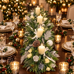A festive christmas table centerpiece made of green pine branches, white candles, pinecones, ribbons, and silver glitter accents, arranged on a dark wooden dining table surrounded by place settings and lit candles.